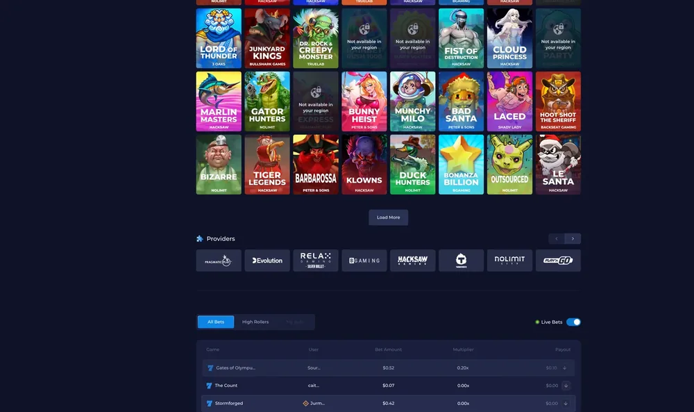 Rainbet Lobby mit Kategorien und Filtern